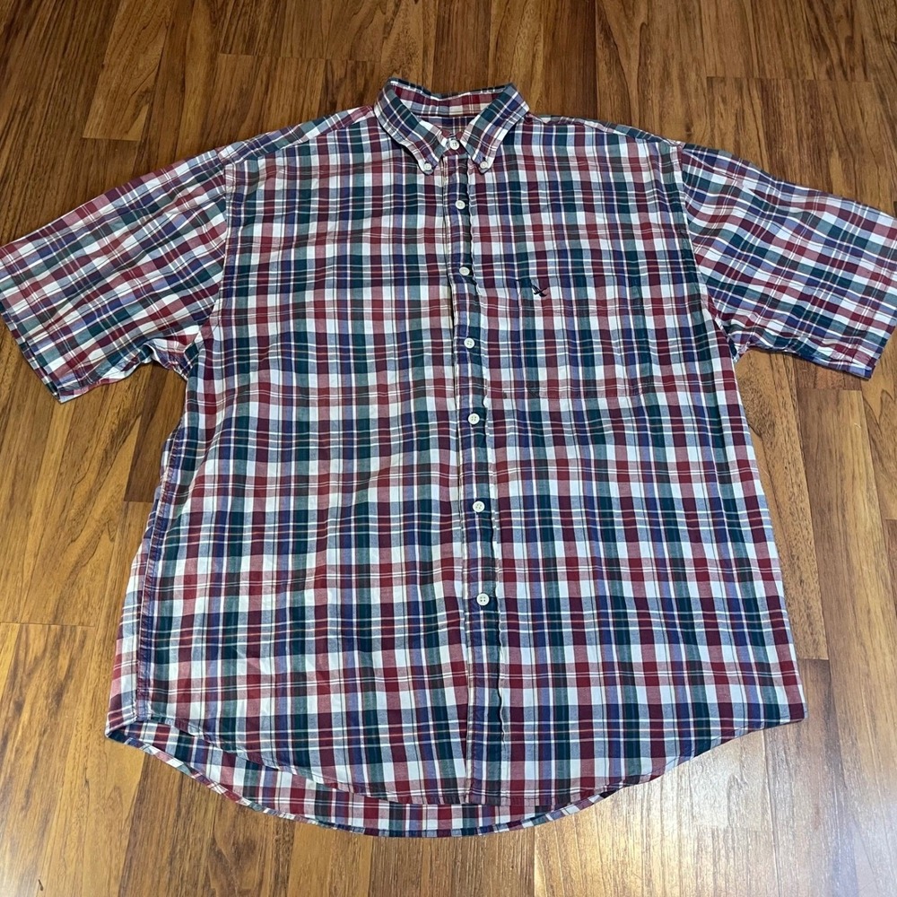 Eddie Bauer Mens L Plaid Button Down Shirt Short Sleeve Cotton Red Blue Green